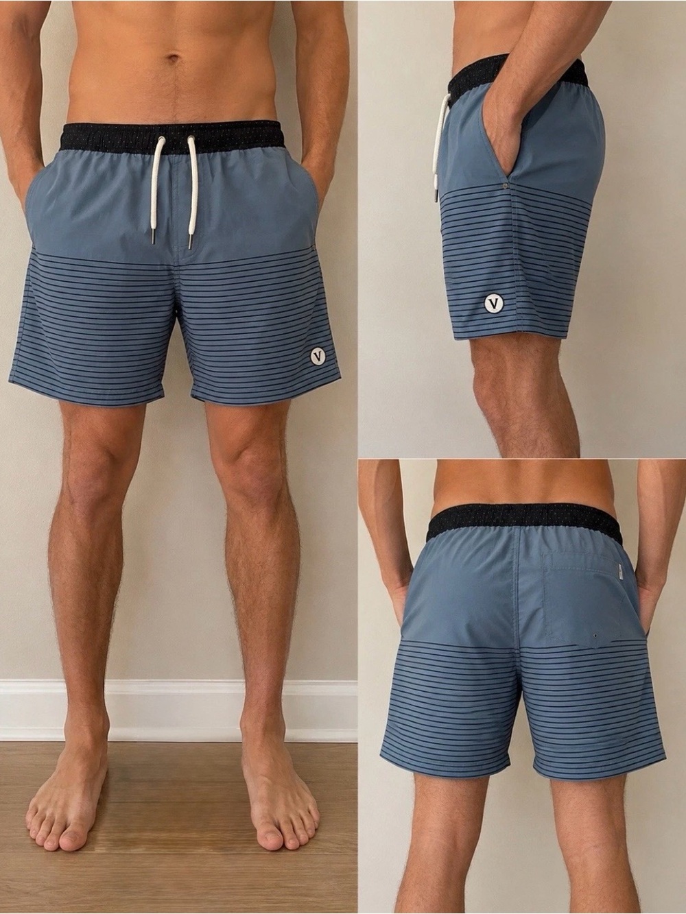 Vuori Striped Slate Blue Swim Shorts with Navy Waistband